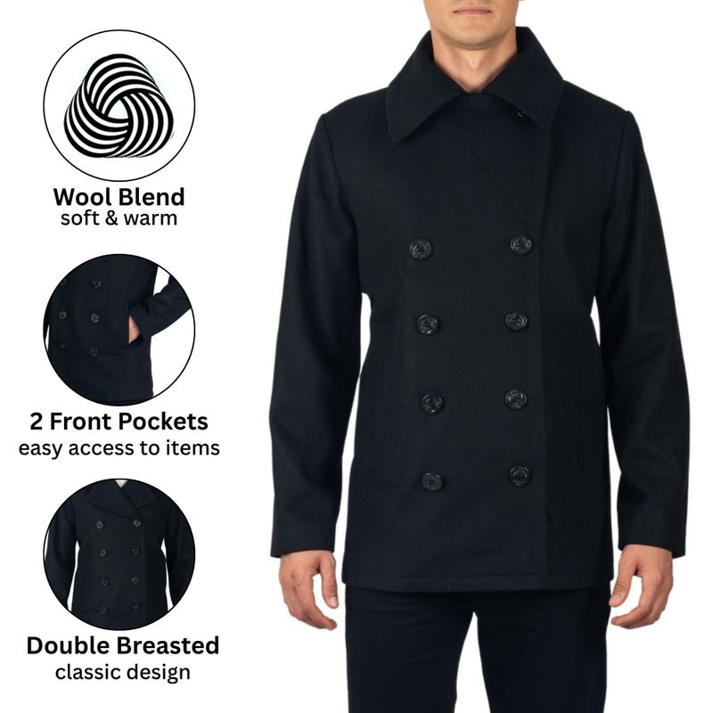 Alpine Swiss Mason Mens Wool Blend Classic Pea Coat Black 2XL - Image 2